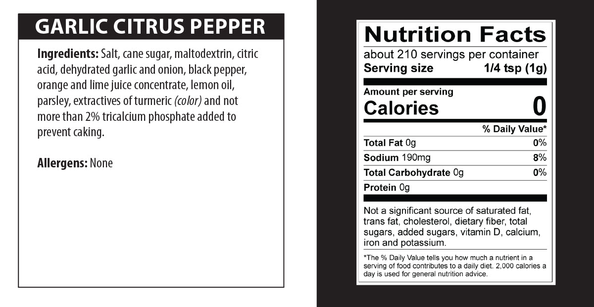 Garlic Citrus Pepper Seasoning nutrition facts.