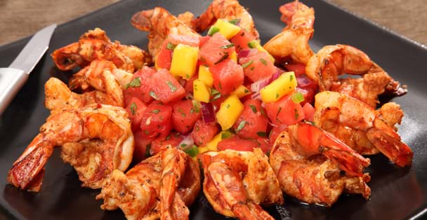 Jamacan Jerk Shrimp with watermelon salsa.